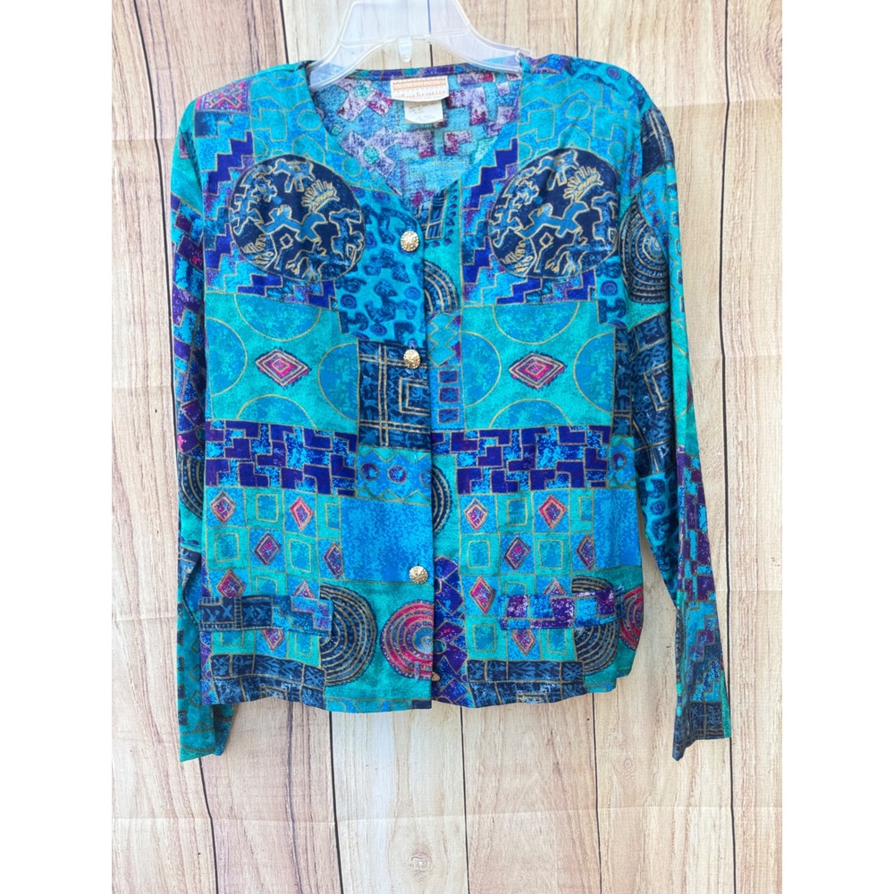 Authentics Anthony Mark Hankins Teal Blue Abstract Print Cotton Button Up Medium